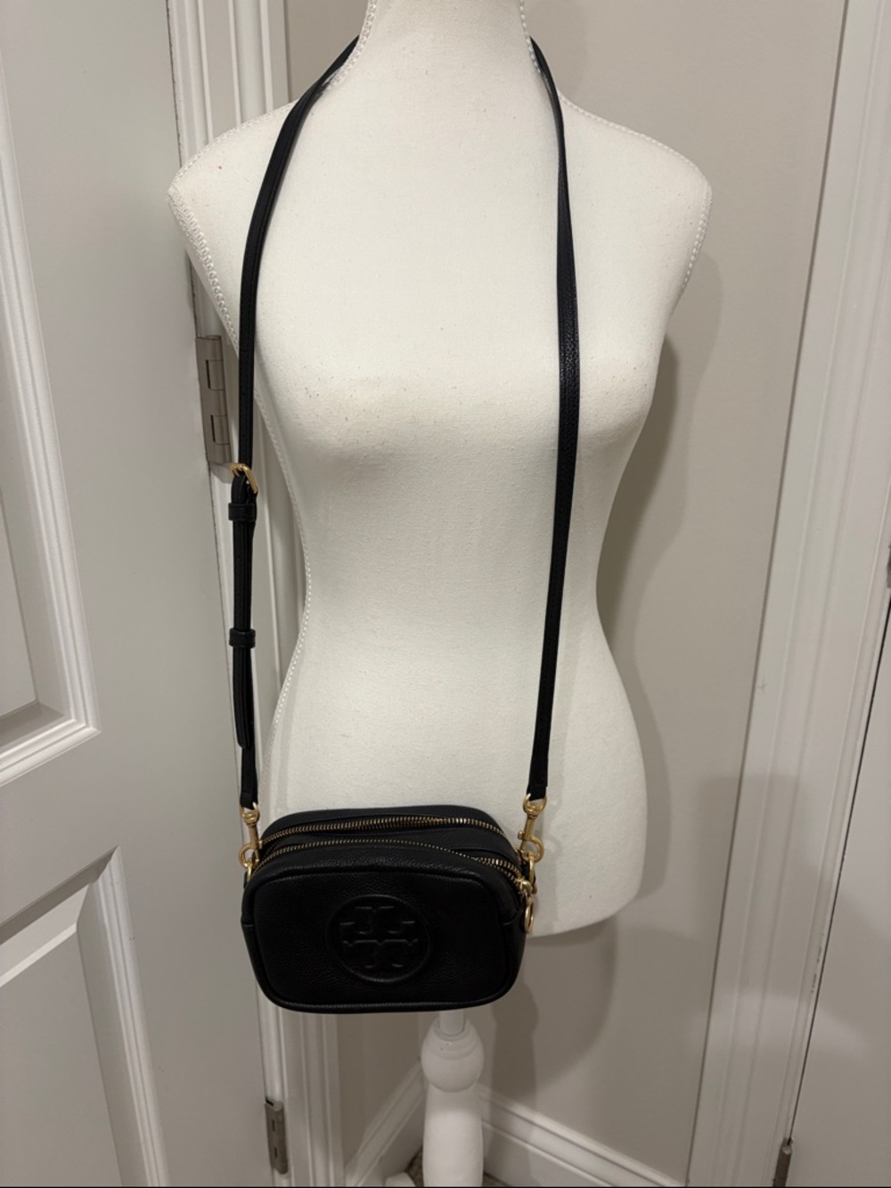 Tory Burch Black Leather Crossbody Camera Bag with Gold Hardware